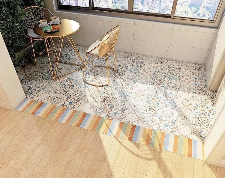 Colored stripped tile threshold
